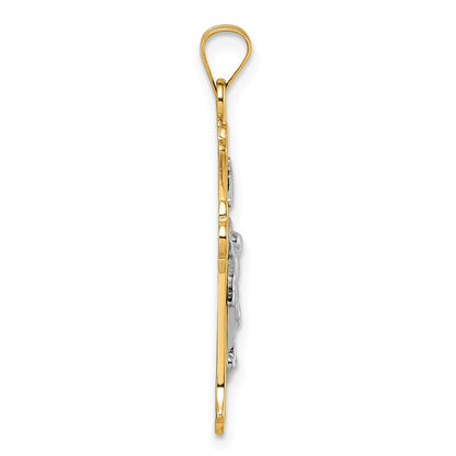 14K Yellow Gold with Rhodium Polished Fleur de Lis INRI Crucifix Cross Pendant