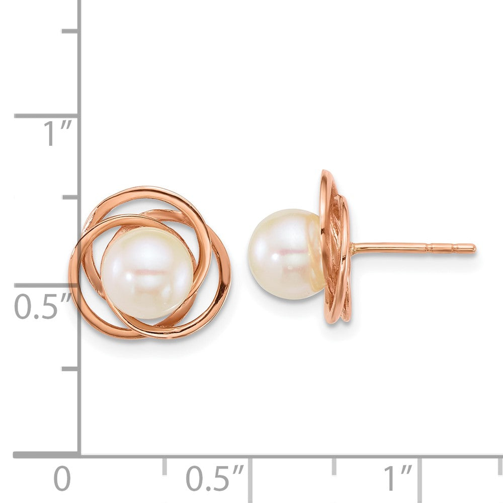14K Rose Gold Polished 6-7mm Round White South Sea Saltwater Cultured Pearl Love Knot Post Earrings