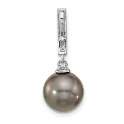 14K White Gold 10-11mm Black Round Tahitian Saltwater Cultured Pearl and .07 Carat Diamond Dangle Chain Slide