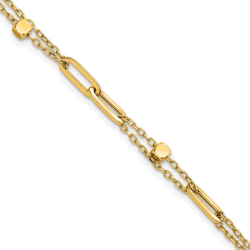 14K Yellow Gold Polished and Beaded 2-Strand with Fancy Paperclip Link Chain Bracelet