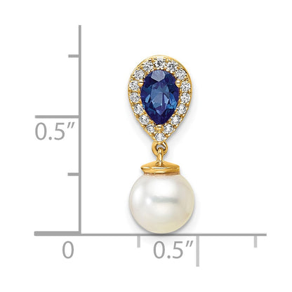 14K Yellow Gold 6-7mm Round Freshwater Cultured Pearl/Pear Sapphire/Diamond Teardrop Chain Slide