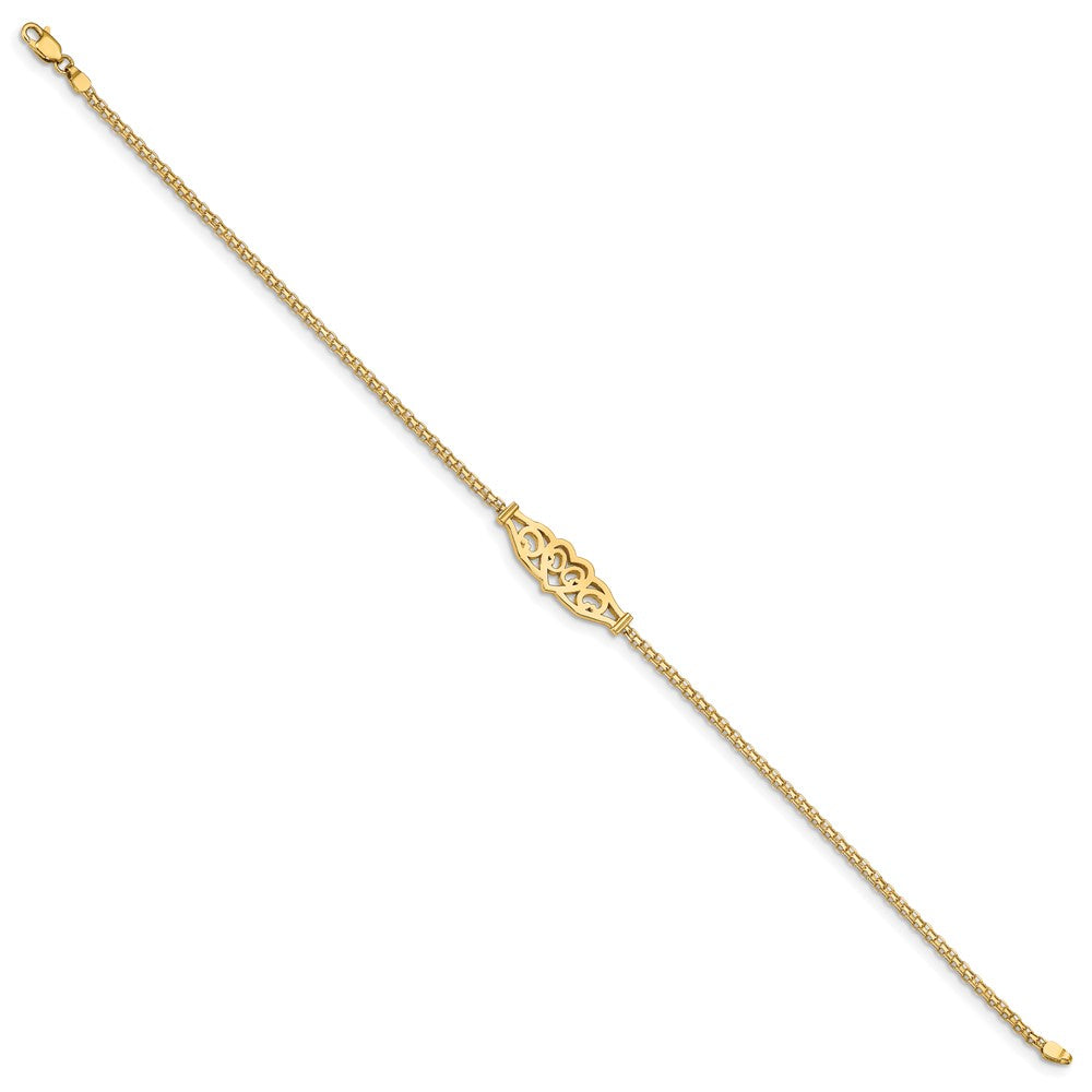 14K Yellow Gold Polished Filigree Heart and Bismark Chain Anklet