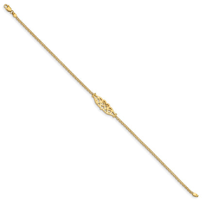 14K Yellow Gold Polished Filigree Heart and Bismark Chain Anklet