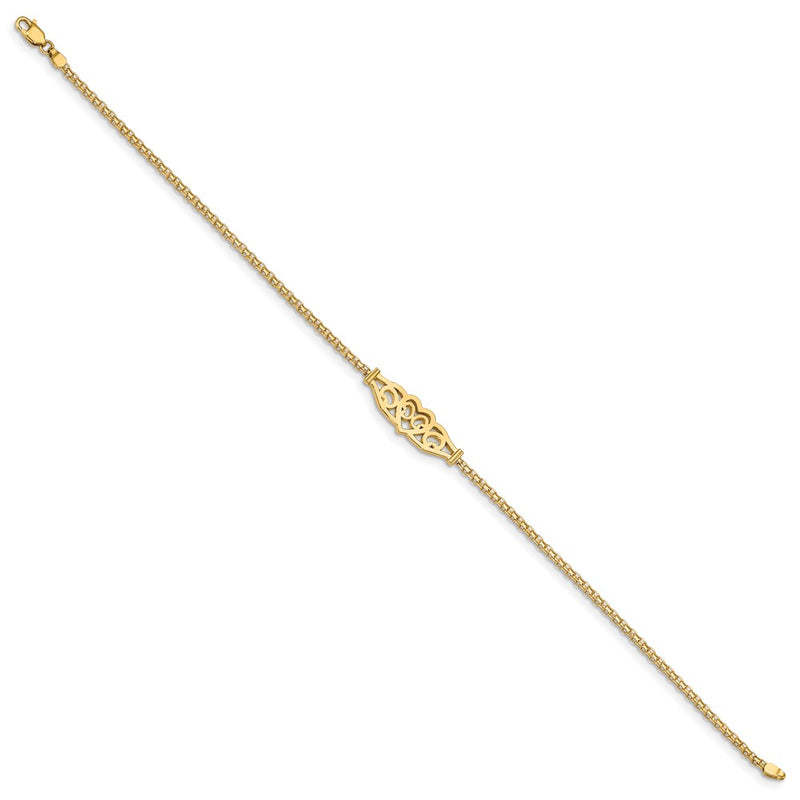 14K Yellow Gold Polished Filigree Heart and Bismark Chain Anklet