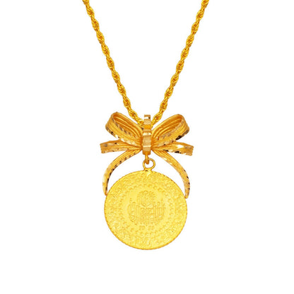 22K Yellow Gold Half Coin Bow Necklace