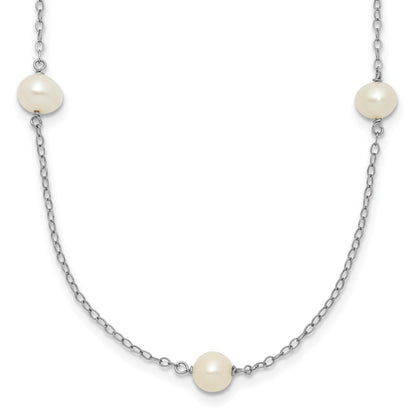14K White Gold 5-6mm White Round Freshwater Cultured Pearl 7-station 18 Inch Necklace