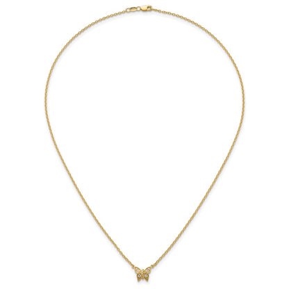14K Yellow Gold Polished 1/10 carat Diamond Butterfly 18 Inch Necklace