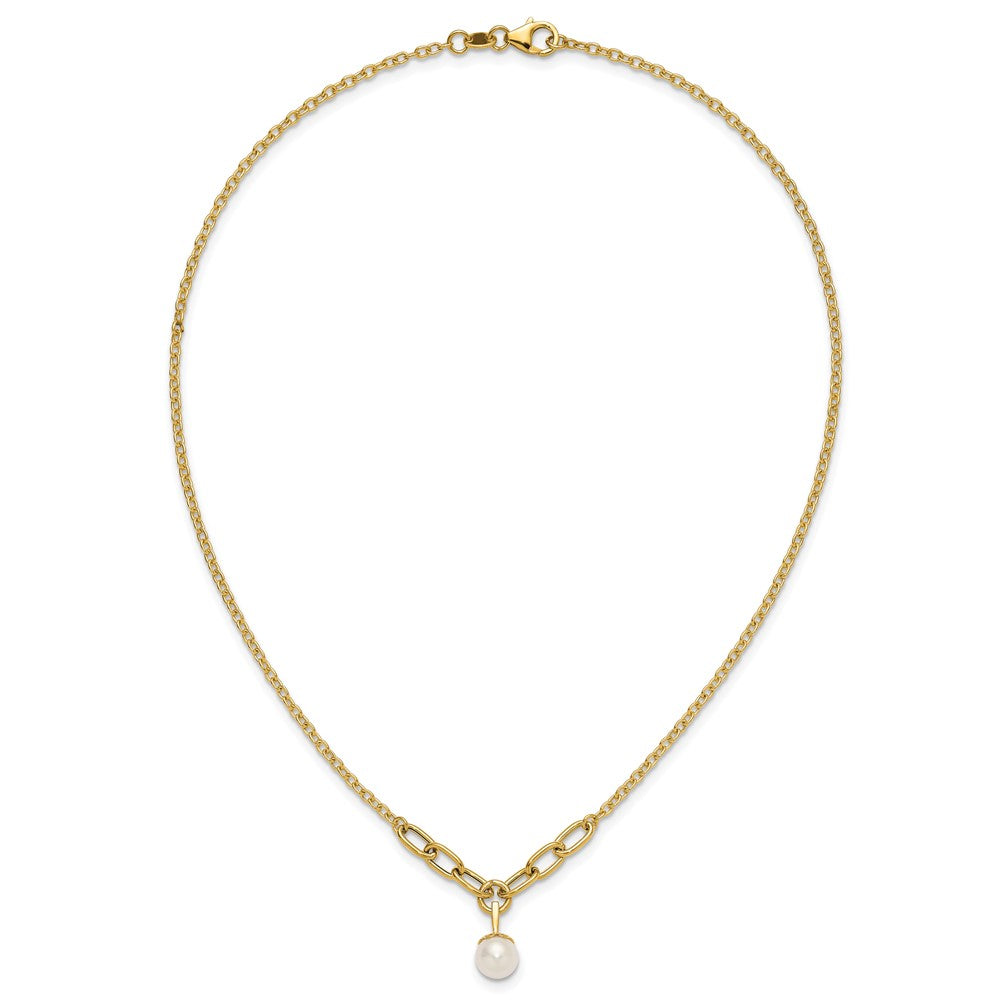 14K Yellow Gold Polished 8-9mm Near Round Freshwater Cultured Pearl Dangle 16.75 Inch Necklace