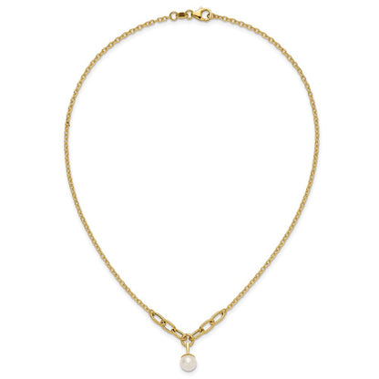 14K Yellow Gold Polished 8-9mm Near Round Freshwater Cultured Pearl Dangle 16.75 Inch Necklace