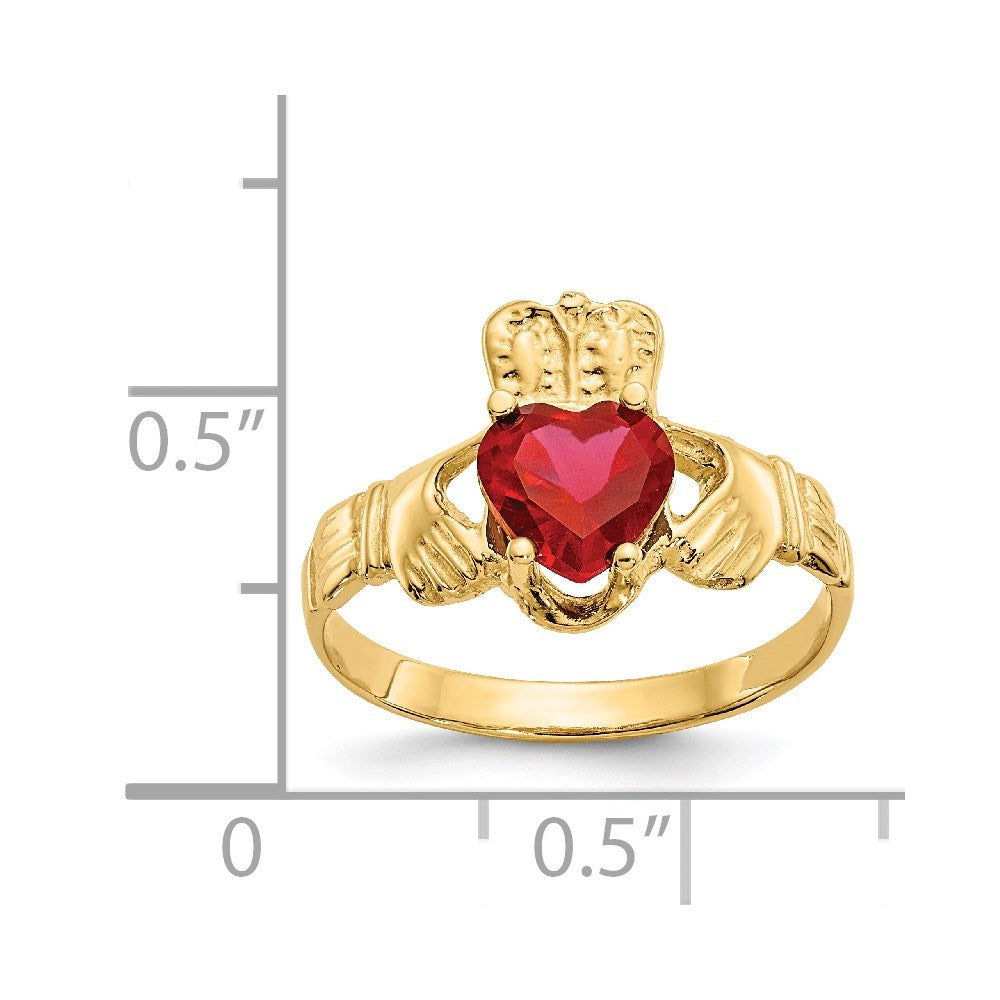 14K Yellow Gold July CZ Heart Birthstone Claddagh Ring