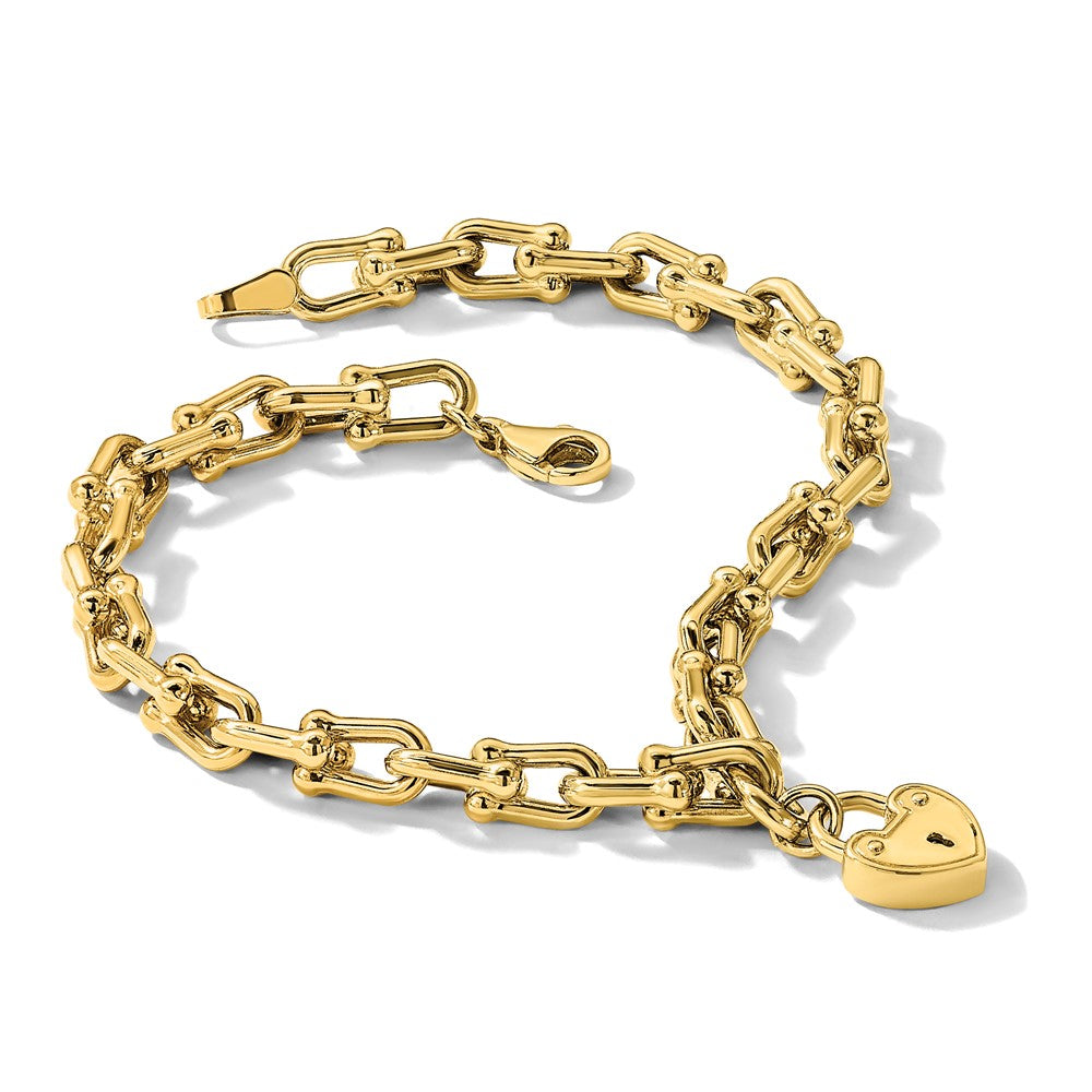 14K Yellow Gold Polished Heart Lock Charm Fancy Link 7.5 Inch Bracelet