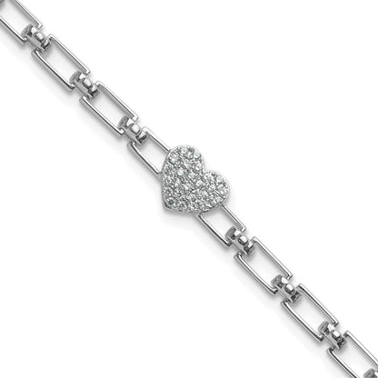14K White Gold Polished Complete 1/6 carat Diamond Heart Cluster Fancy Link 7 Inch Bracelet with 1 Inch Extender
