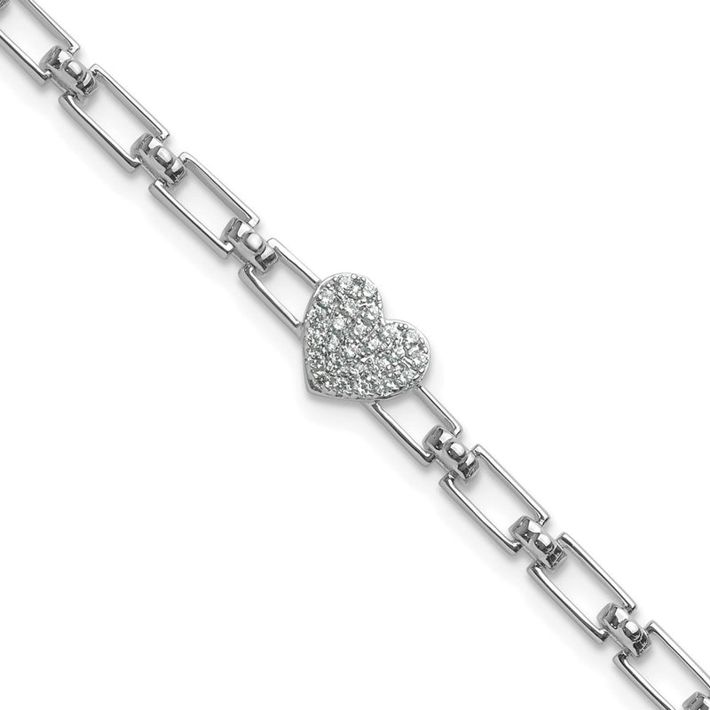14K White Gold Polished Complete 1/6 carat Diamond Heart Cluster Fancy Link 7 Inch Bracelet with 1 Inch Extender