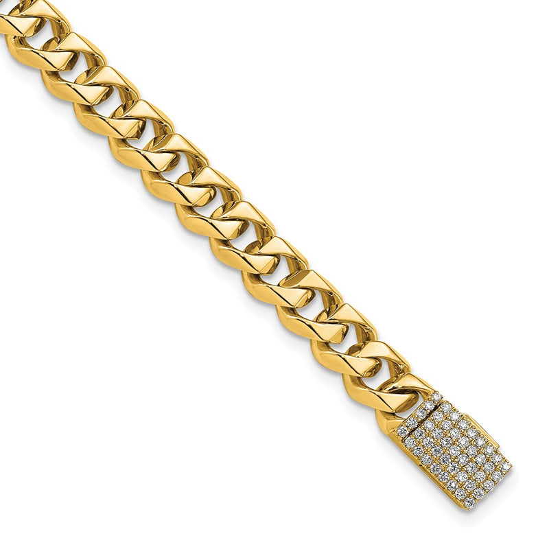 14K Yellow Gold Hand-polished 7mm Fancy Curb Link 1.4 carat Diamond Clasp 8 Inch Bracelet