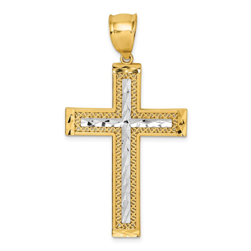 14K Yellow Gold and Rhodium Polished Diamond-cut Textured Fancy Latin Cross Pendant