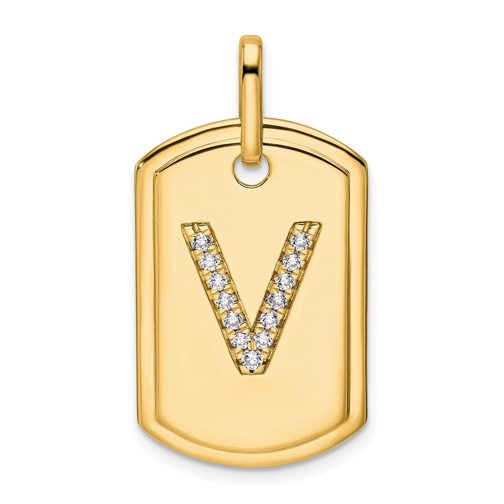 14K Yellow Gold Diamond Initial V Dog Tag Charm