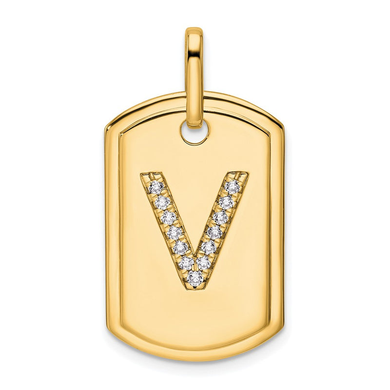 14K Yellow Gold Diamond Initial V Dog Tag Charm