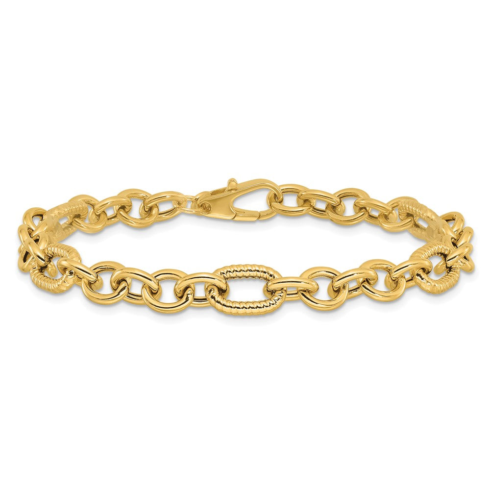 14K Yellow Gold Polished and Textured 6.4mm Fancy Link 7.5 Inch Bracelet