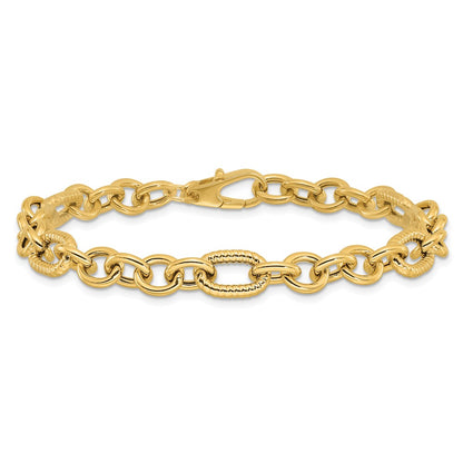 14K Yellow Gold Polished and Textured 6.4mm Fancy Link 7.5 Inch Bracelet