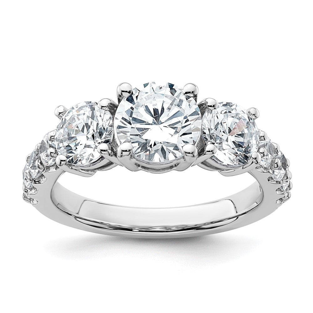 14K White Gold 3 carat Lab Grown Diamond VS+ F+ Round Complete Three Stone Engagement Ring