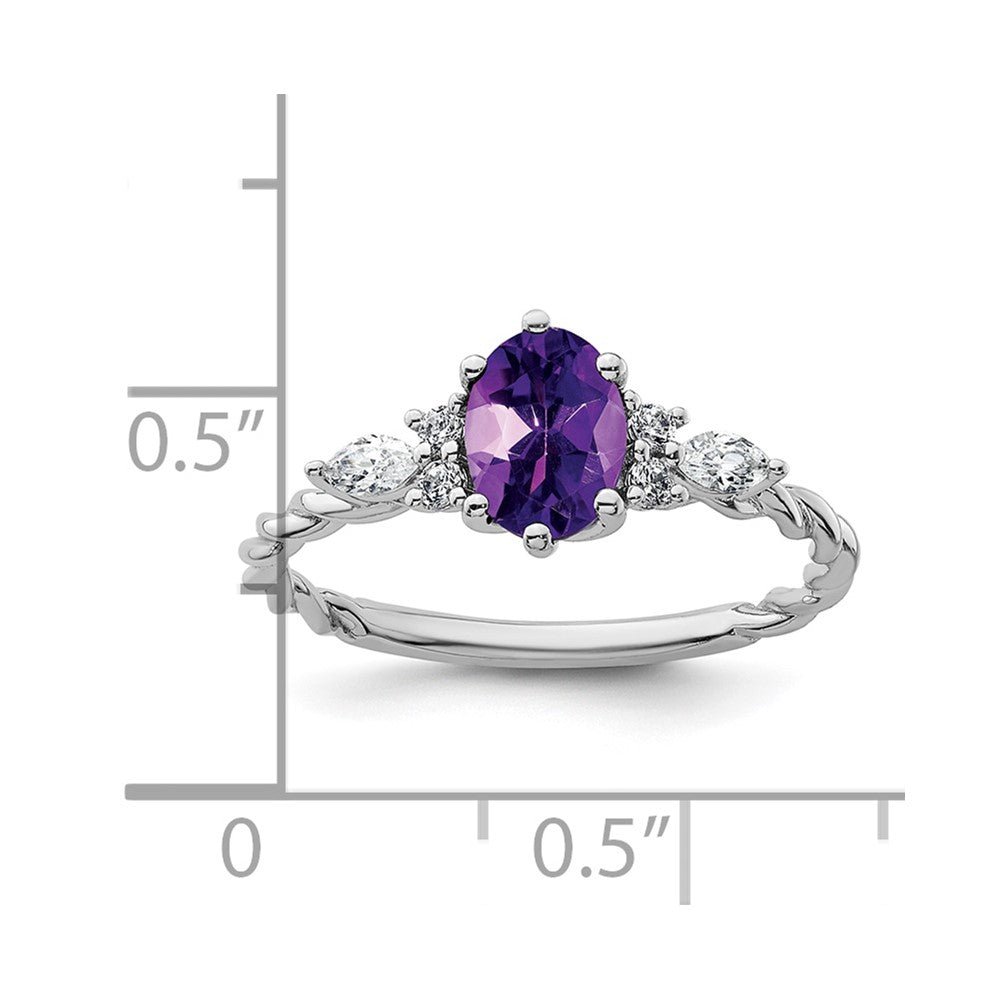 14K White Gold Diamond and 7x5 Oval February/Amethyst Size 7 Twisted Ring