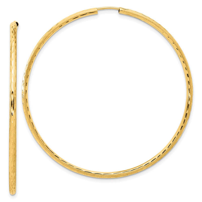 14K Yellow Gold 2.00x55mm Polished and Satin Diamond-cut Endless Tube Hoop Earrings