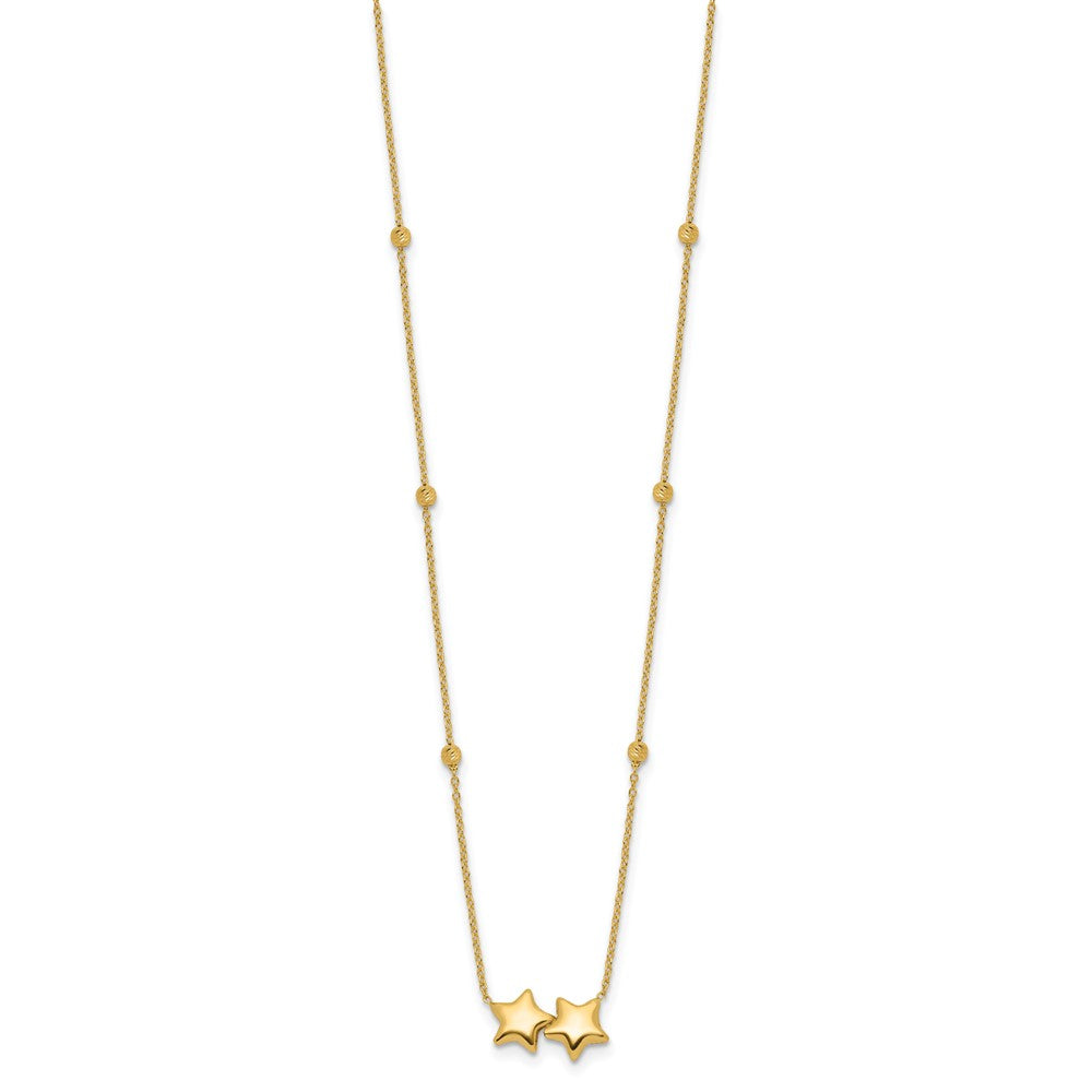 14K Yellow Gold Polished Double Star with Diamond-cut Beads 16 Inch Necklace Plus 2 Inch Extender