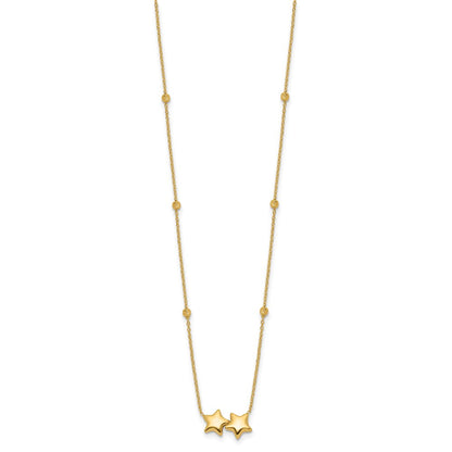 14K Yellow Gold Polished Double Star with Diamond-cut Beads 16 Inch Necklace Plus 2 Inch Extender