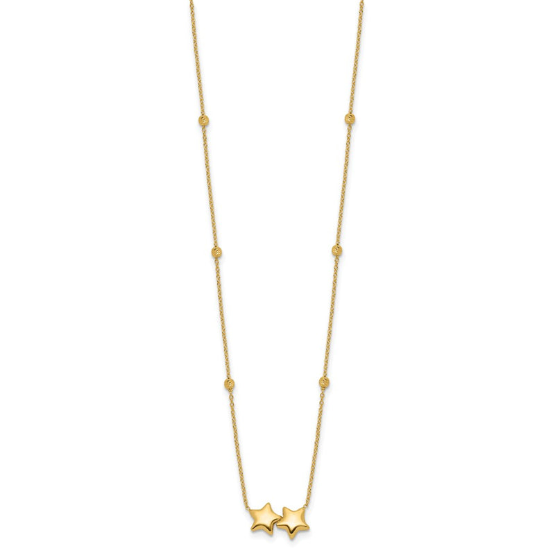 14K Yellow Gold Polished Double Star with Diamond-cut Beads 16 Inch Necklace Plus 2 Inch Extender