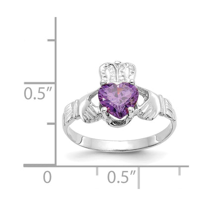 14K White Gold February CZ Heart Birthstone Claddagh Ring