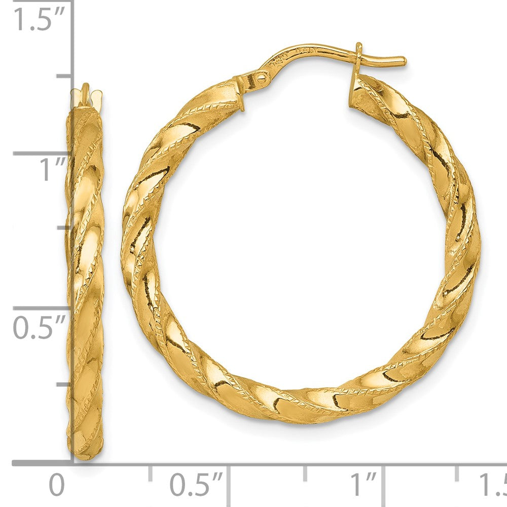 14K Yellow Gold Polished Diamond-cut Twisted 3.00 x 30mm Tube Hoop Earrings