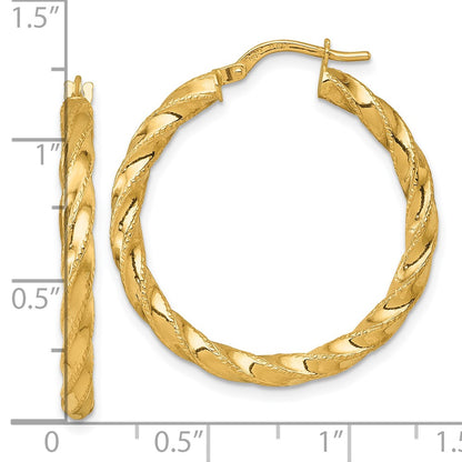 14K Yellow Gold Polished Diamond-cut Twisted 3.00 x 30mm Tube Hoop Earrings