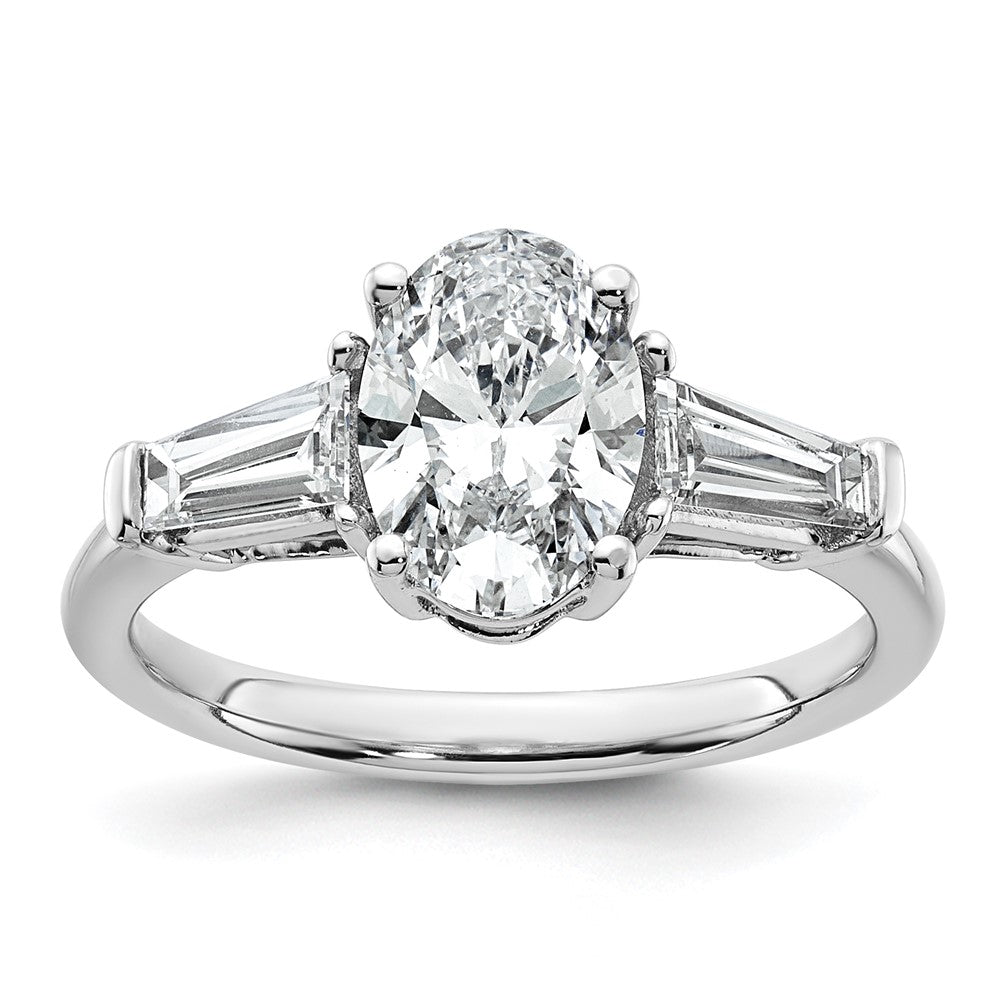 14K White Gold 3/4 carat Lab Grown Diamond VS+ F+ Tapered Baguette 1 1/2 carat Oval Semi Mount Three Stone Engagement Ring