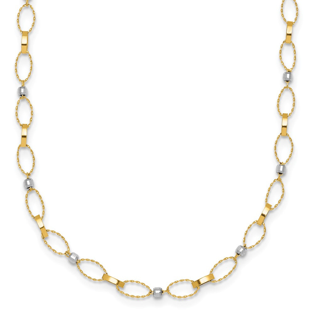 14K Two-Tone Gold Two-tone Polished and Twisted Fancy Oval Links and Faceted Beads 18 Inch Necklace