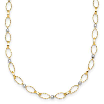 14K Two-Tone Gold Two-tone Polished and Twisted Fancy Oval Links and Faceted Beads 18 Inch Necklace