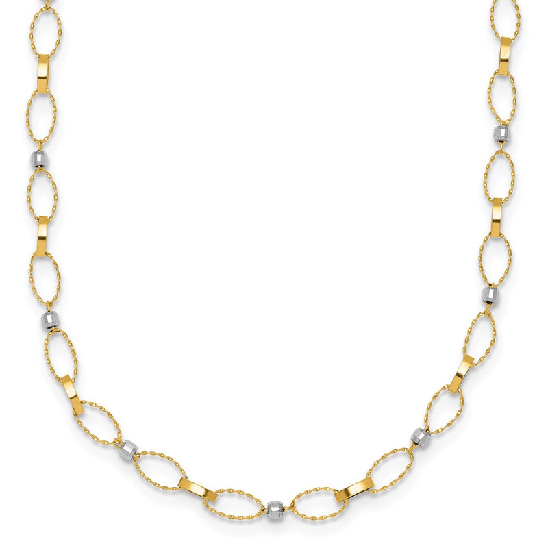 14K Two-Tone Gold Two-tone Polished and Twisted Fancy Oval Links and Faceted Beads 18 Inch Necklace