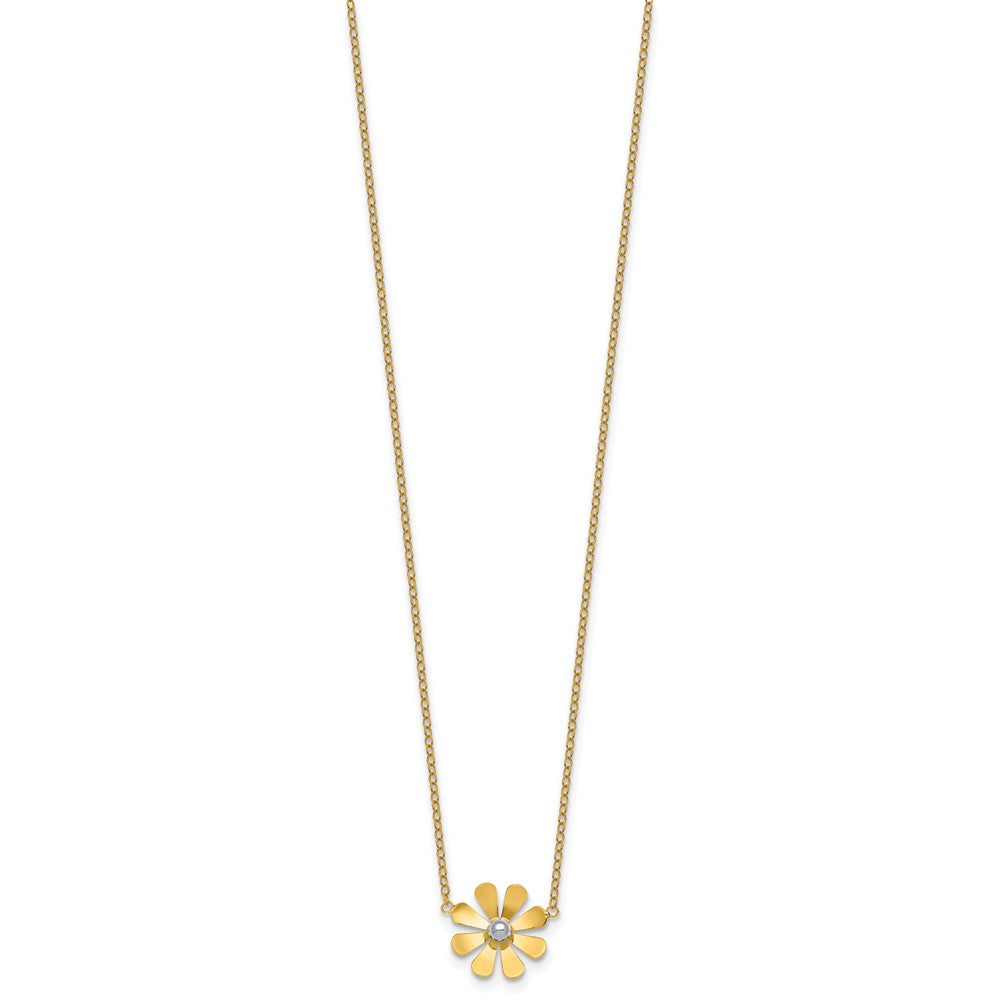 14K Yellow Gold Polished Daisy with Rhodium Center 16 Inch Necklace with 2 Inch Extender