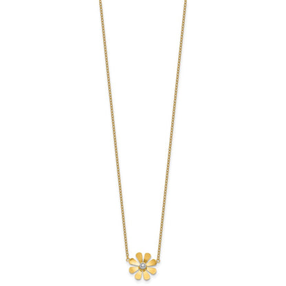 14K Yellow Gold Polished Daisy with Rhodium Center 16 Inch Necklace with 2 Inch Extender
