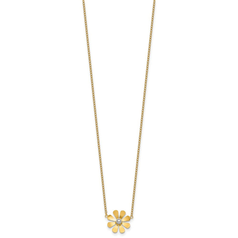 14K Yellow Gold Polished Daisy with Rhodium Center 16 Inch Necklace with 2 Inch Extender