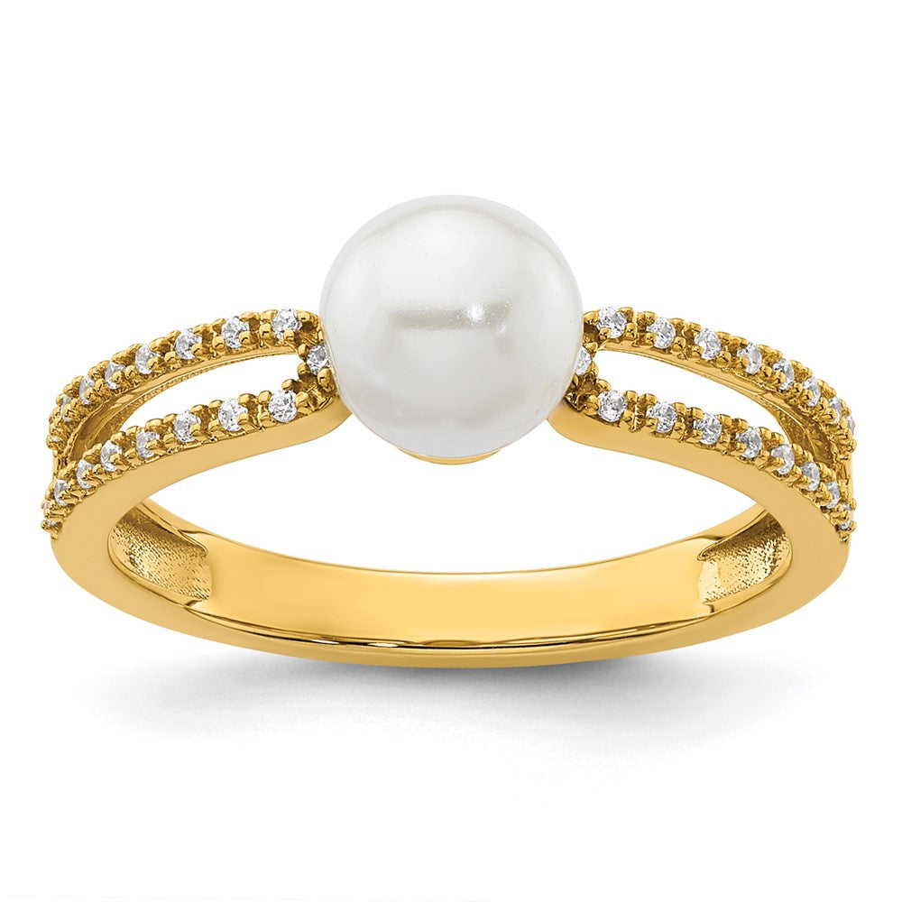 14K Yellow Gold Polished Diamond and Pearl Fashion Ring