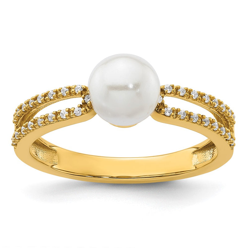 14K Yellow Gold Polished Diamond and Pearl Fashion Ring