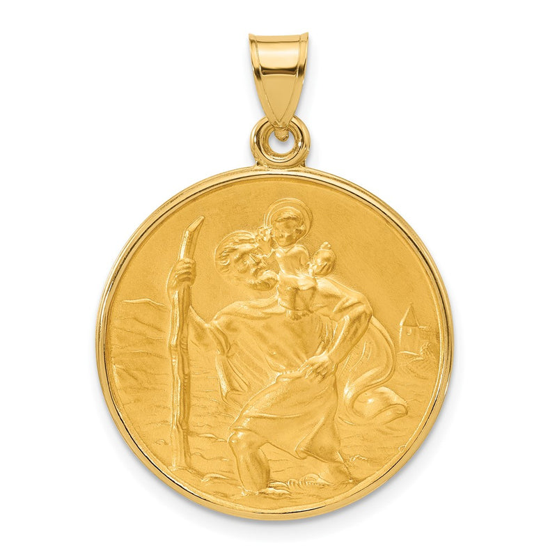 14K Yellow Gold Polished and Satin Solid Large St. Christopher Medal Round Pendant