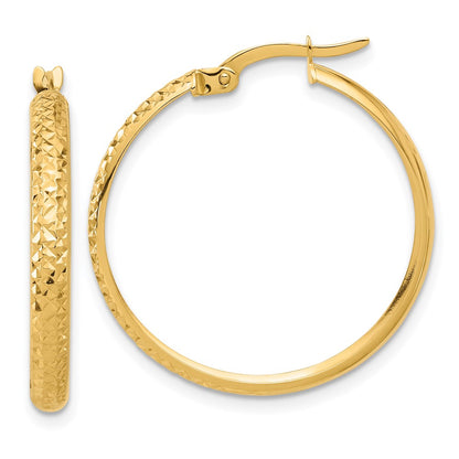 14K Yellow Gold 3x26mm Polished and Diamond-cut Hoop Earrings