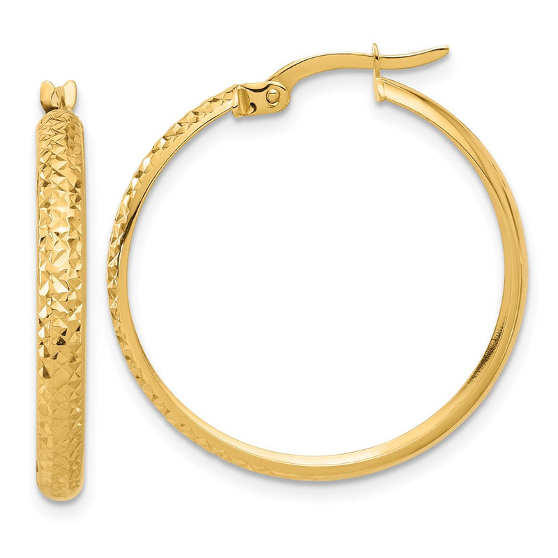 14K Yellow Gold 3x26mm Polished and Diamond-cut Hoop Earrings