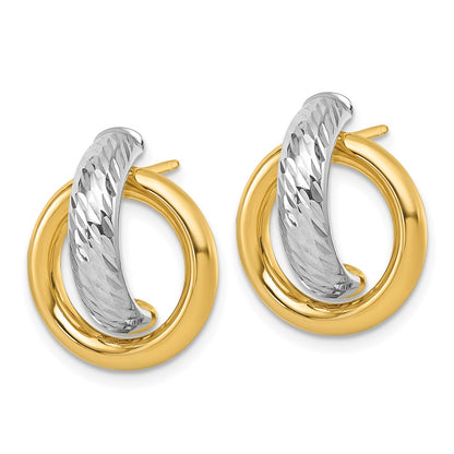 14K Yellow Gold and Rhodium Polished Diamond-cut Doorknocker Post Earrings