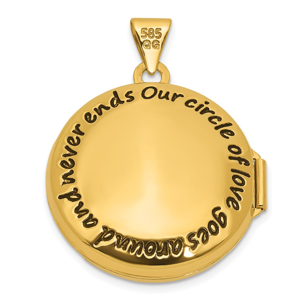 14K Yellow Gold and Rhodium OUR CIRCLE OF LOVE GOES AROUND AND NEVER ENDS Black Oil Reversible 20mm Round Locket