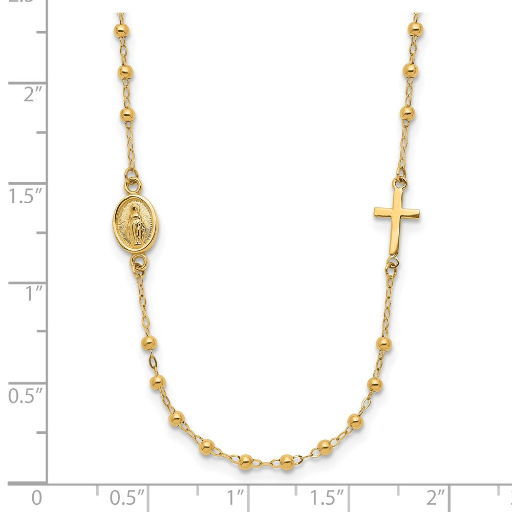 14K Yellow Gold Polished Miraculous Medal and Cross Beaded Rosary Design 16.5 Inch Necklace