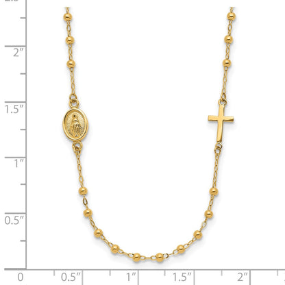 14K Yellow Gold Polished Miraculous Medal and Cross Beaded Rosary Design 16.5 Inch Necklace