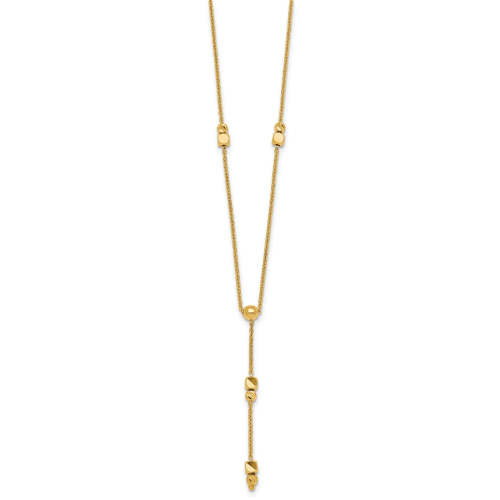 14K Yellow Gold Polished Diamond-cut and Beaded 16 Inch Lariat Necklace Plus 2 Inch Extender