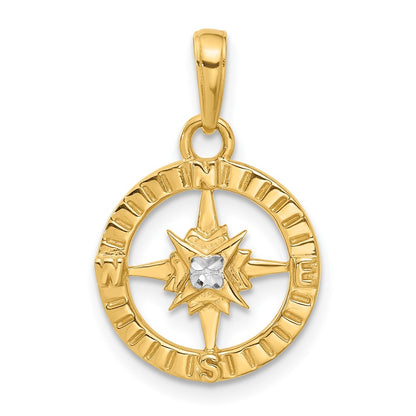 14K Yellow Gold and Rhodium Diamond-cut Compass Pendant